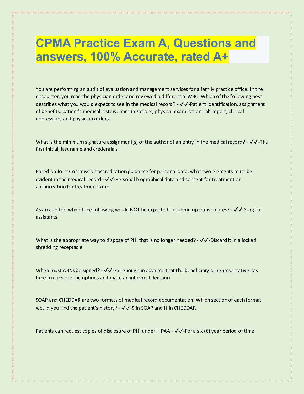 Preview image for CPMA Practice Exam A, Questions and  answers, 100% Accurate, rated A+